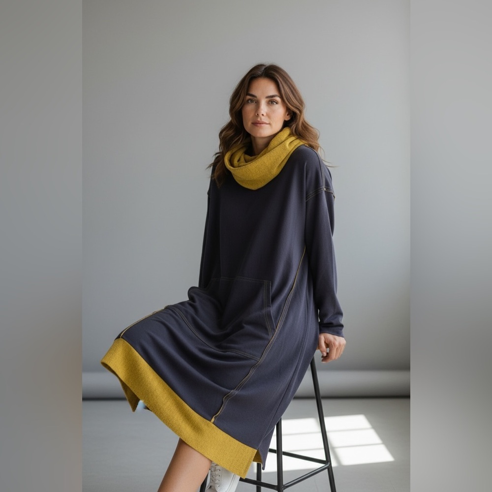(19)Naya Boutique Navy and Mustard Cowl Neck Dress SZ: 4 UK 16-18 US 12-14